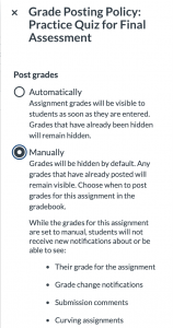 Canvas screenshot showing the Grade Book options for setting the Grade Posting Policy to manual