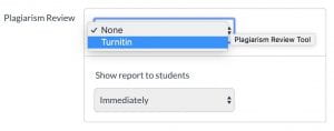 Canvas screenshot showing the Assignment setting's Plagiarism Review drop-down set to Turnitin