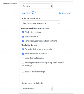 Canvas screenshot showing the options for Turnitin assignment submissions.