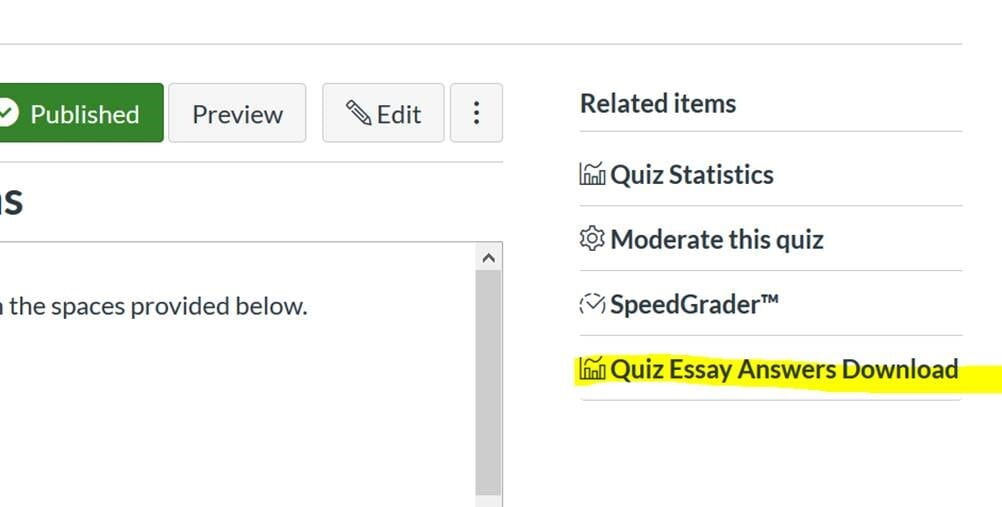 Canvas screenshot highlighting the link Quiz Essay Answers Download
