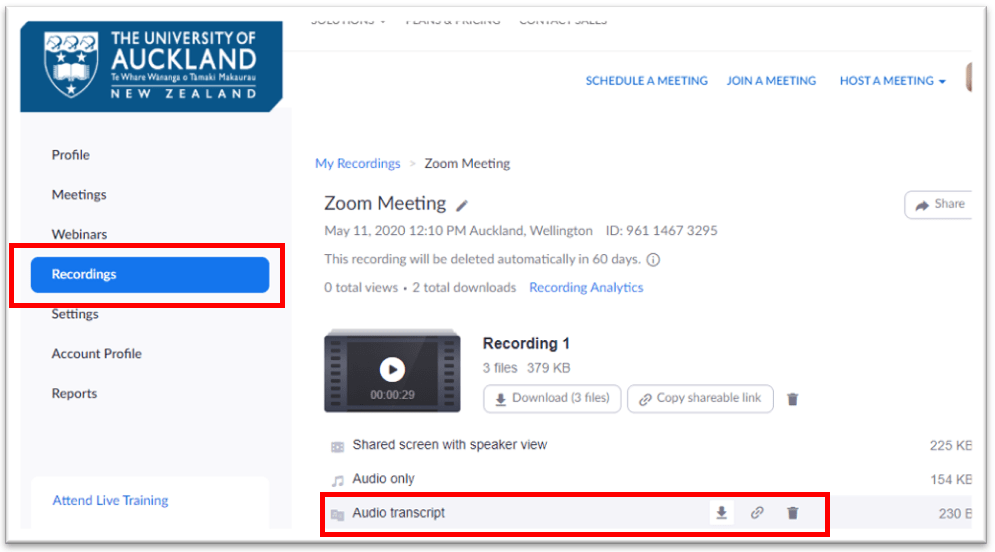 Click the cloud recording link in the email from Zoom or from the Recordings section on the Zoom web portal.