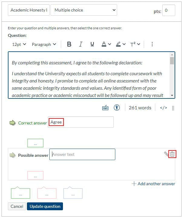 Canvas screenshot showing one possible answer (agree) to the multiple-choice question