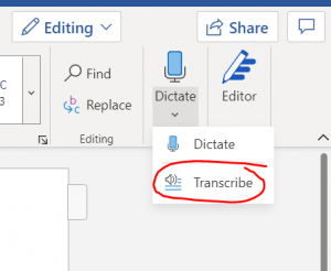 Screenshot of Word Online showing the transcribe feature