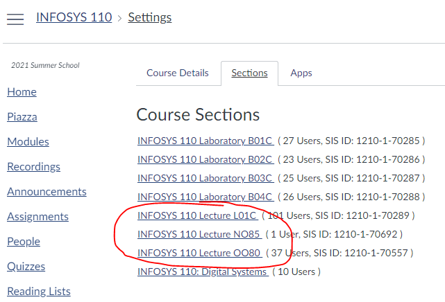 Screenshot of Canvas settings page showing the number of students enrolled within various sections.