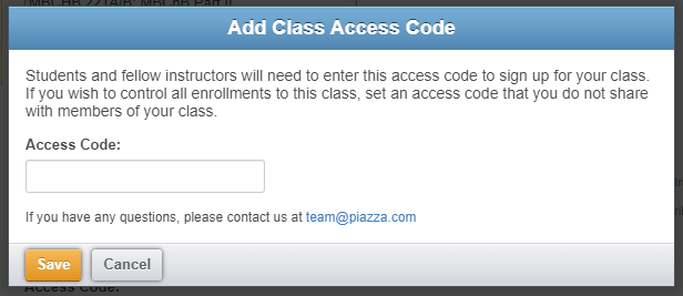 Screenshot of Piazza access code setting
