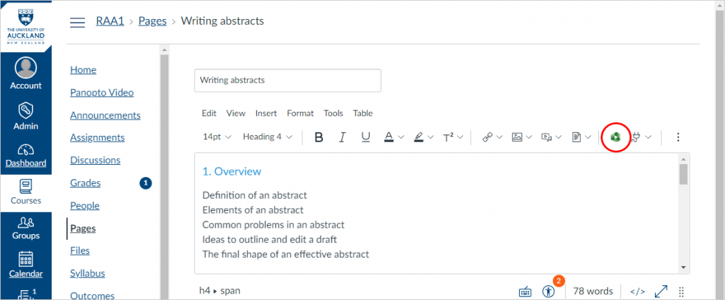 Screenshot of Canvas' Page editor