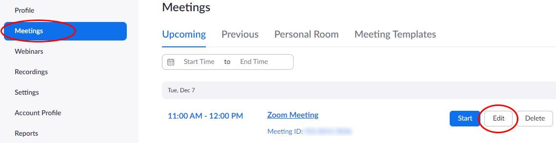 Screenshot of Zoom meeting list