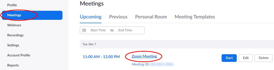 Screenshot of Zoom scheduled meetings