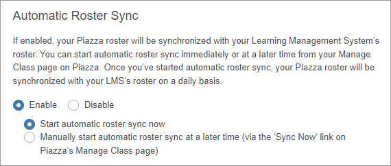 Screenshot of Piazza roster sync setting